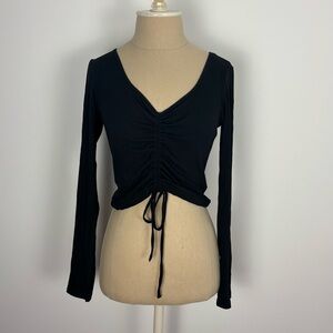 Illa Illa Cropped Long Sleeve Top Black Ruched V Neck M